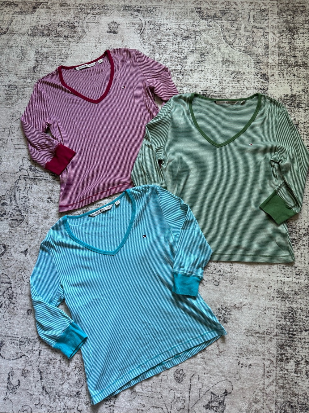 Tommy Hilfiger Women’s V-Neck Striped 3/4 Long Sleeve Top - Pink, Green, Blue